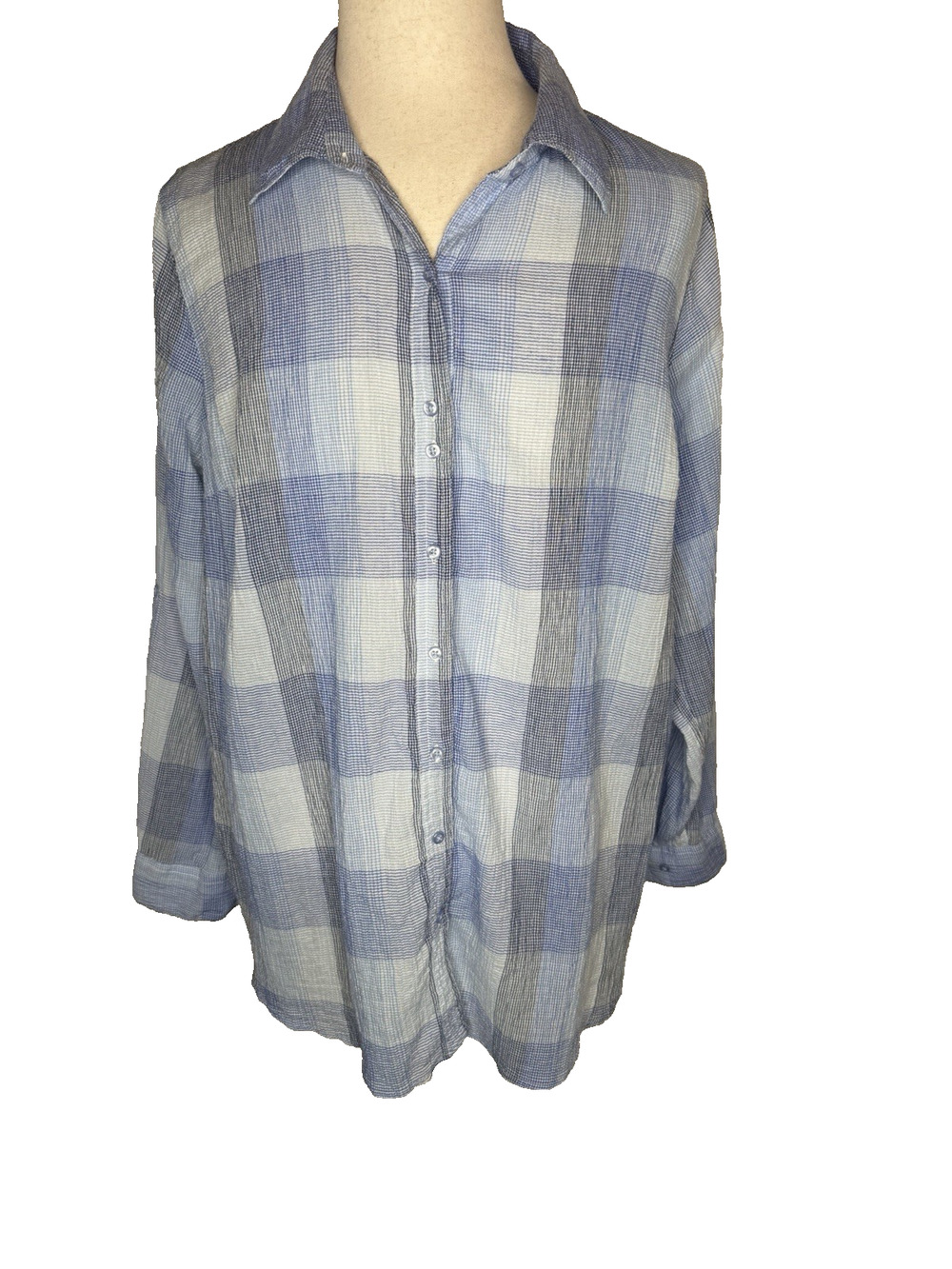 JMS Women’s Long Sleeve Roll Tab Button Up Blouse Size 3XL Light Blue Plaid